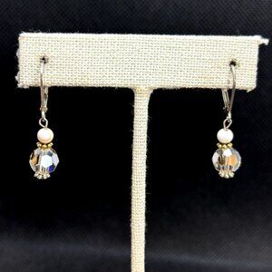 Sterling Silver 925 White Coral & Crystal Beads Leverback Earrings Size 1.25''